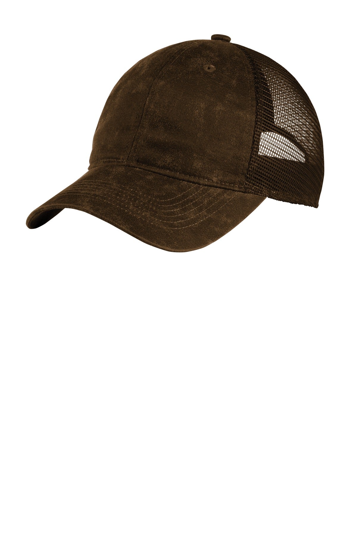 Port Authority pigment print mesh back cap in brown with a flat front and adjustable strap, stylish and breathable headwear.