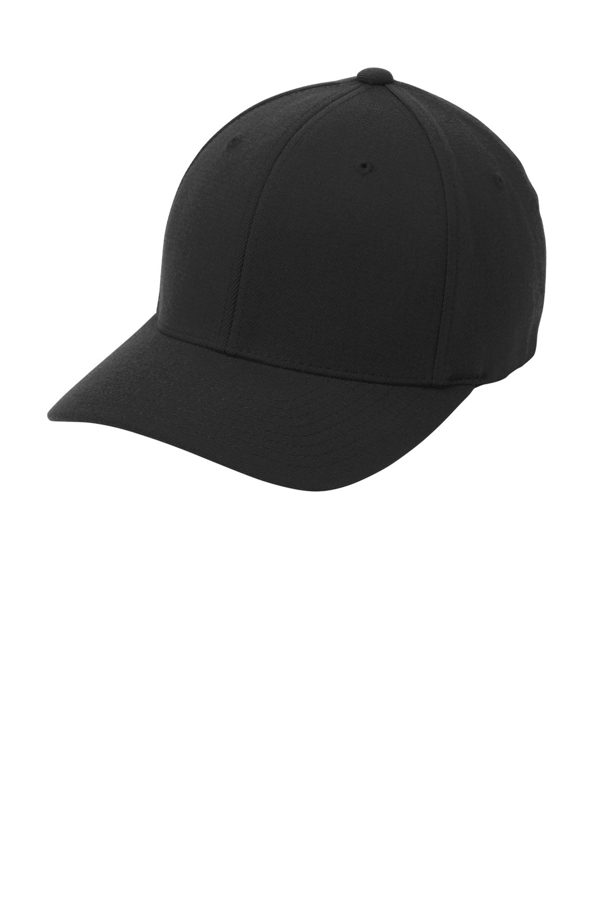 Black Port Authority Flexfit wool blend cap with curved brim and adjustable strap, shown from the front left angle.
