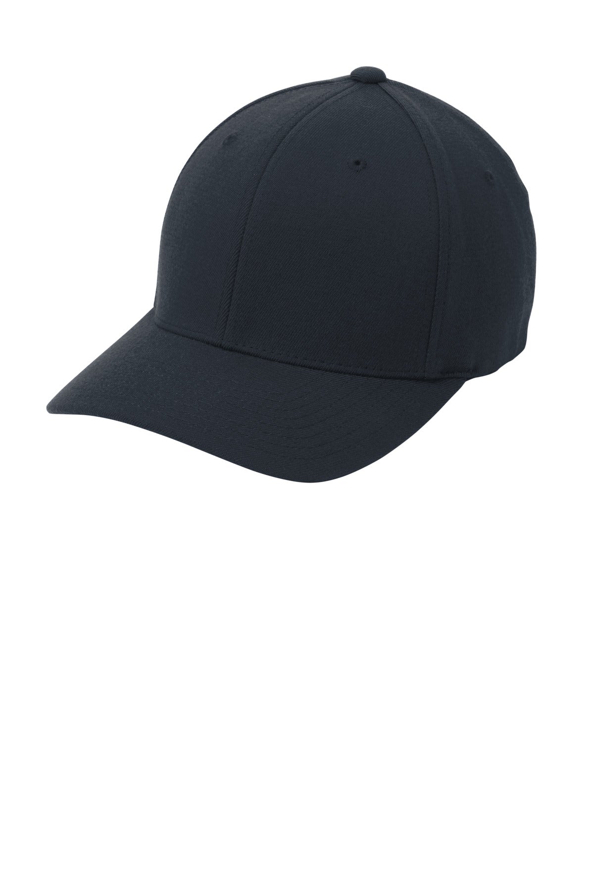 Dark navy Port Authority Flexfit wool blend cap shown from the left side, featuring a structured baseball style and adjustable fit.