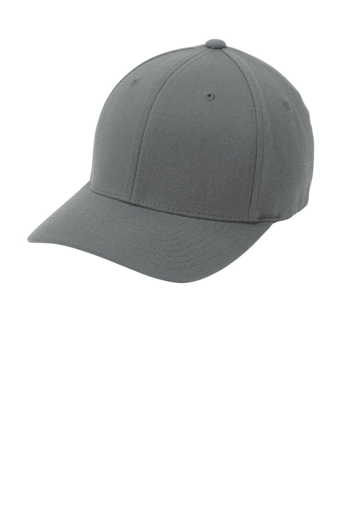 Port Authority Flexfit wool blend cap in grey, shown from the left side, with a structured baseball hat design.