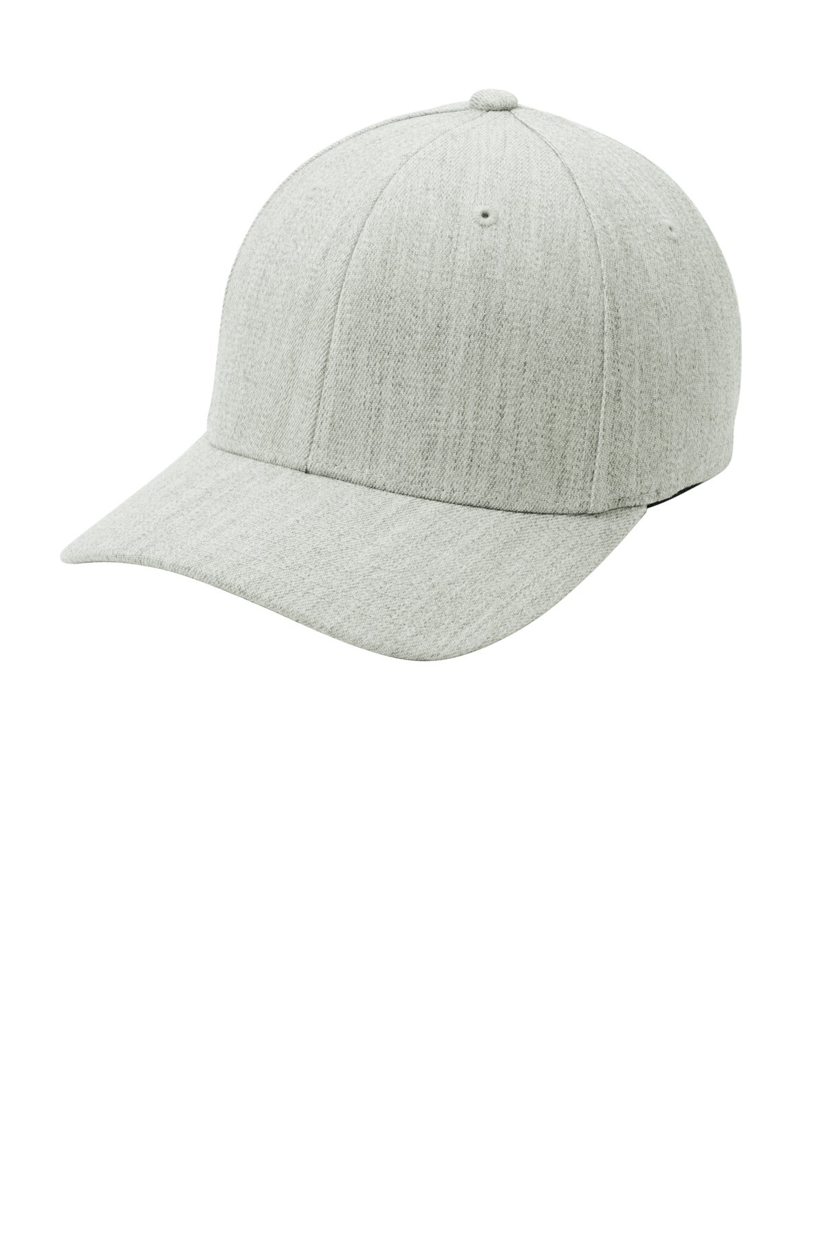 Light heather grey Port Authority Flexfit wool blend cap with curved brim and adjustable fit, shown from the left side.