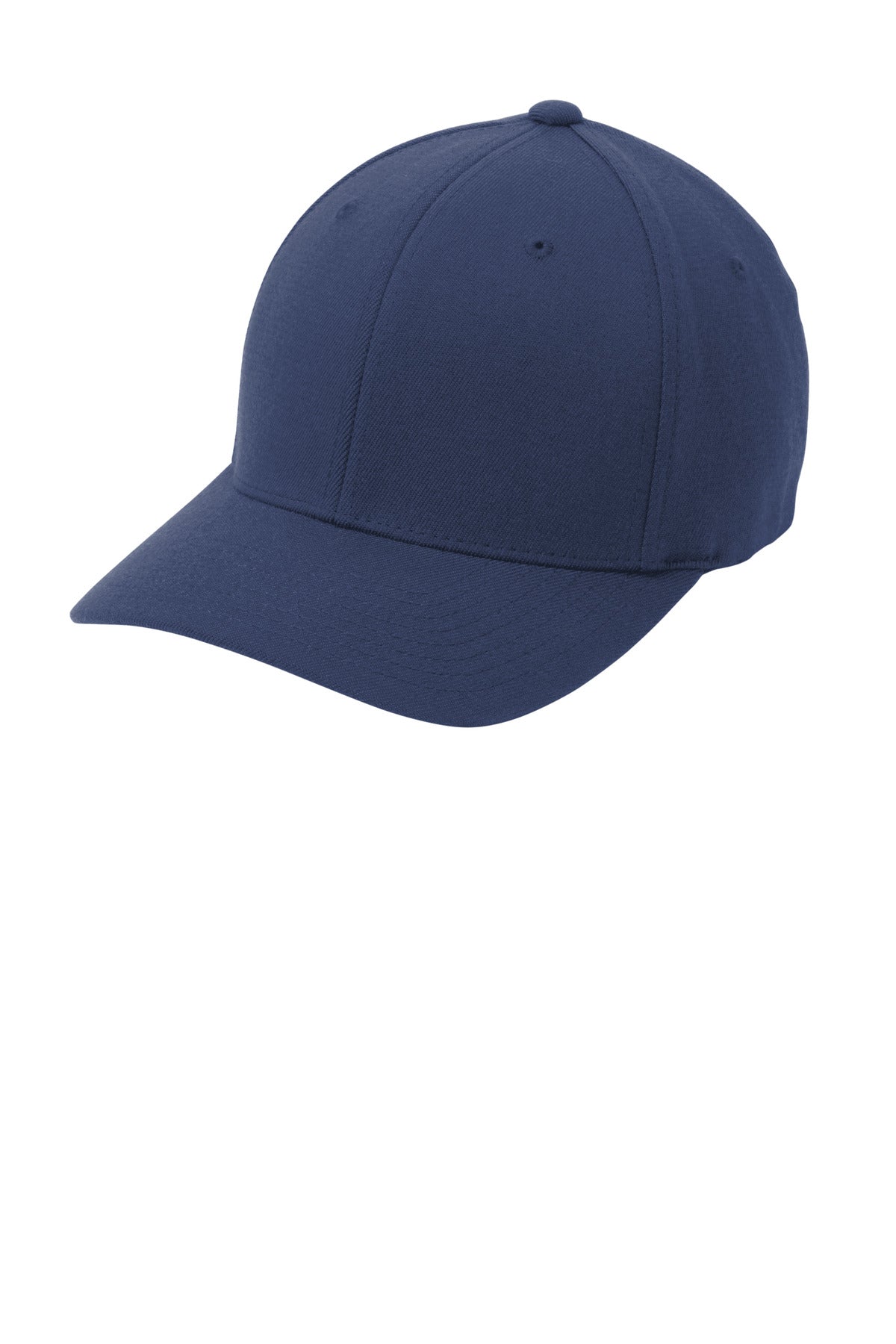 Navy Port Authority Flexfit wool blend cap with curved brim, front logo embroidery, and adjustable strap, shown from left side.