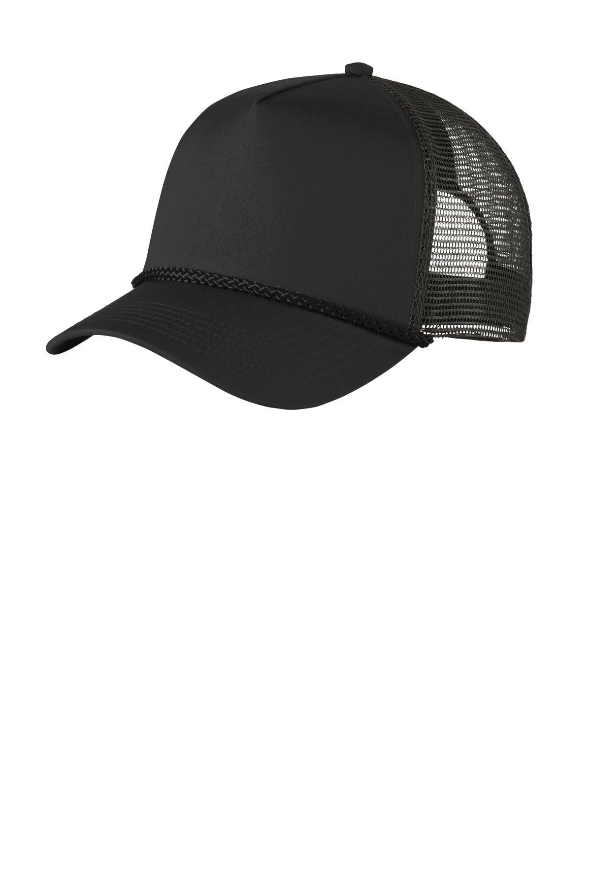 Black Port Authority 5-panel snapback cap with front view, adjustable snap closure, and classic design.
