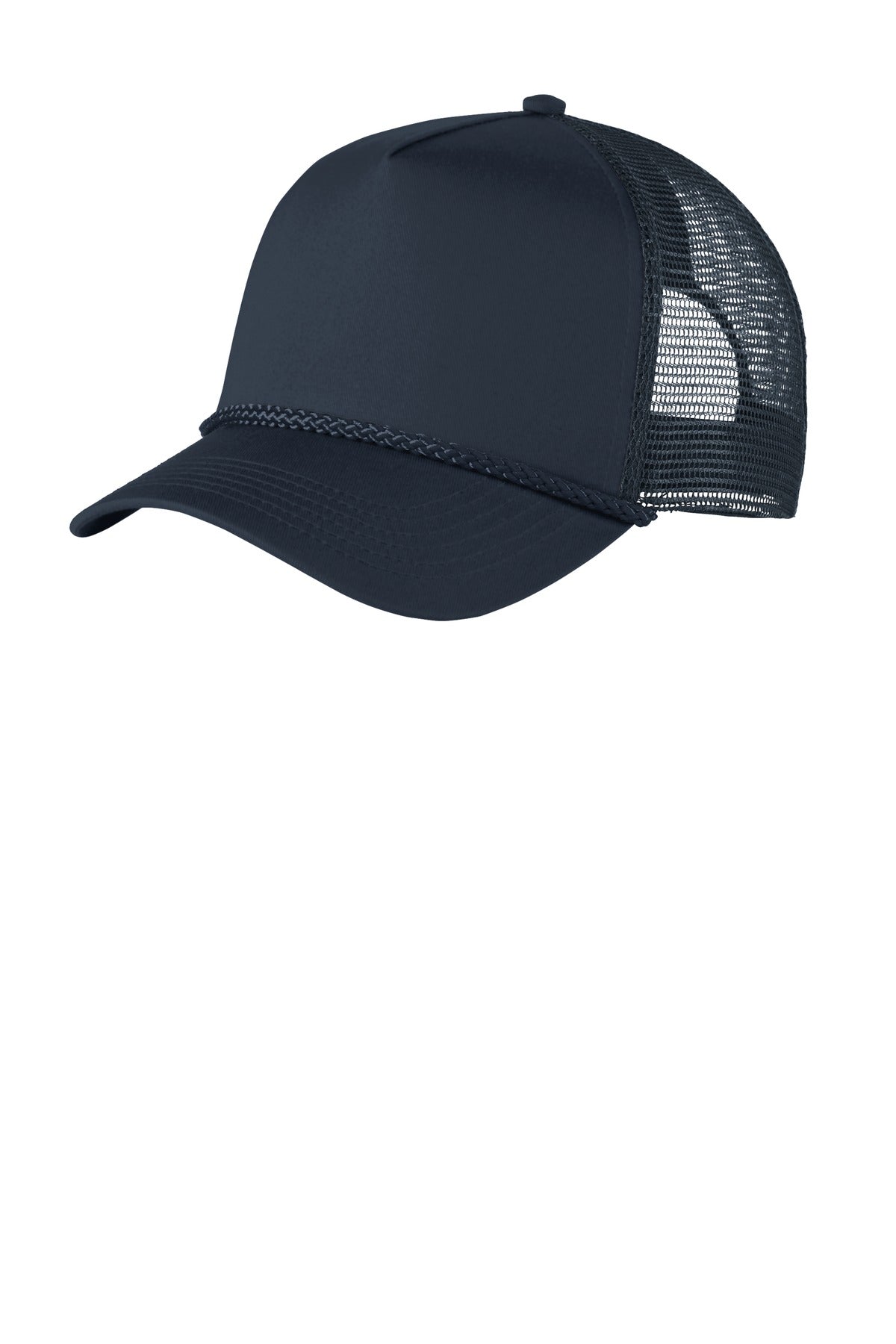 Navy Port Authority 5-Panel Snapback Cap with front design, adjustable snapback closure, and structured six-panel construction.