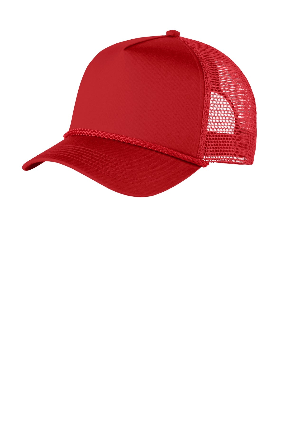 Red Port Authority 5-panel snapback cap with flat brim and adjustable strap, front view showing the branded design.