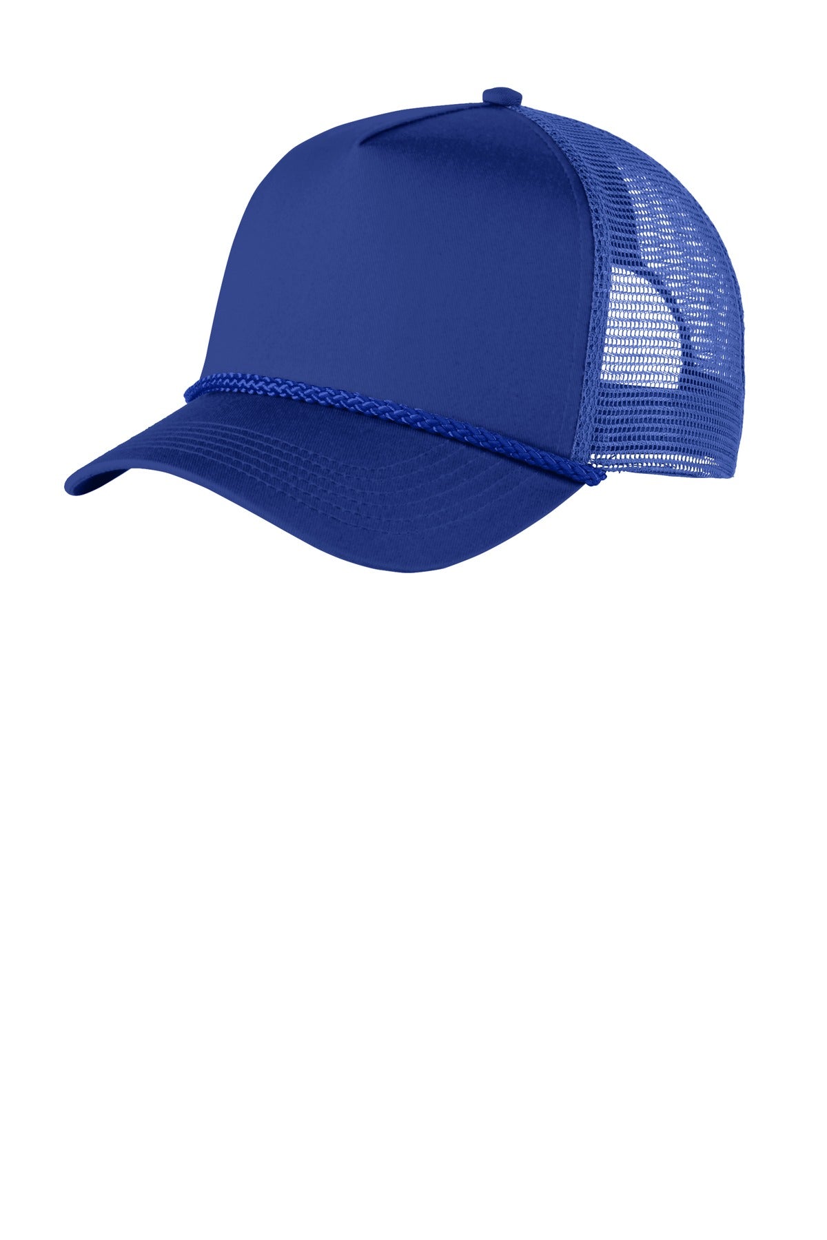 Royal blue Port Authority 5-panel snapback cap with front logo embroidery, adjustable snapback closure, and flat brim.
