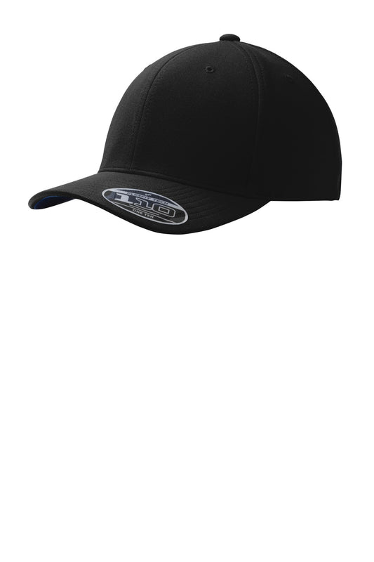 Black Port Authority Flexfit 110 Dry Mini Pique Cap with front sticker, showing the structured baseball cap design and branding.