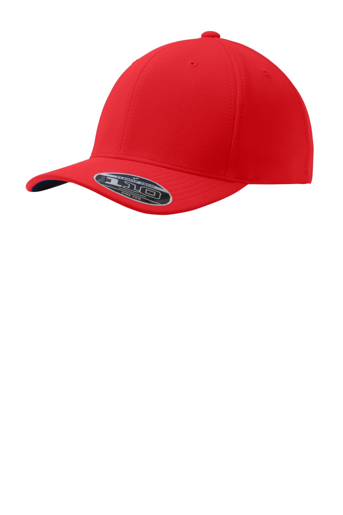 Red Port Authority Flexfit 110 mini pique cap with front sticker, showcasing a comfortable, fitted baseball cap design.