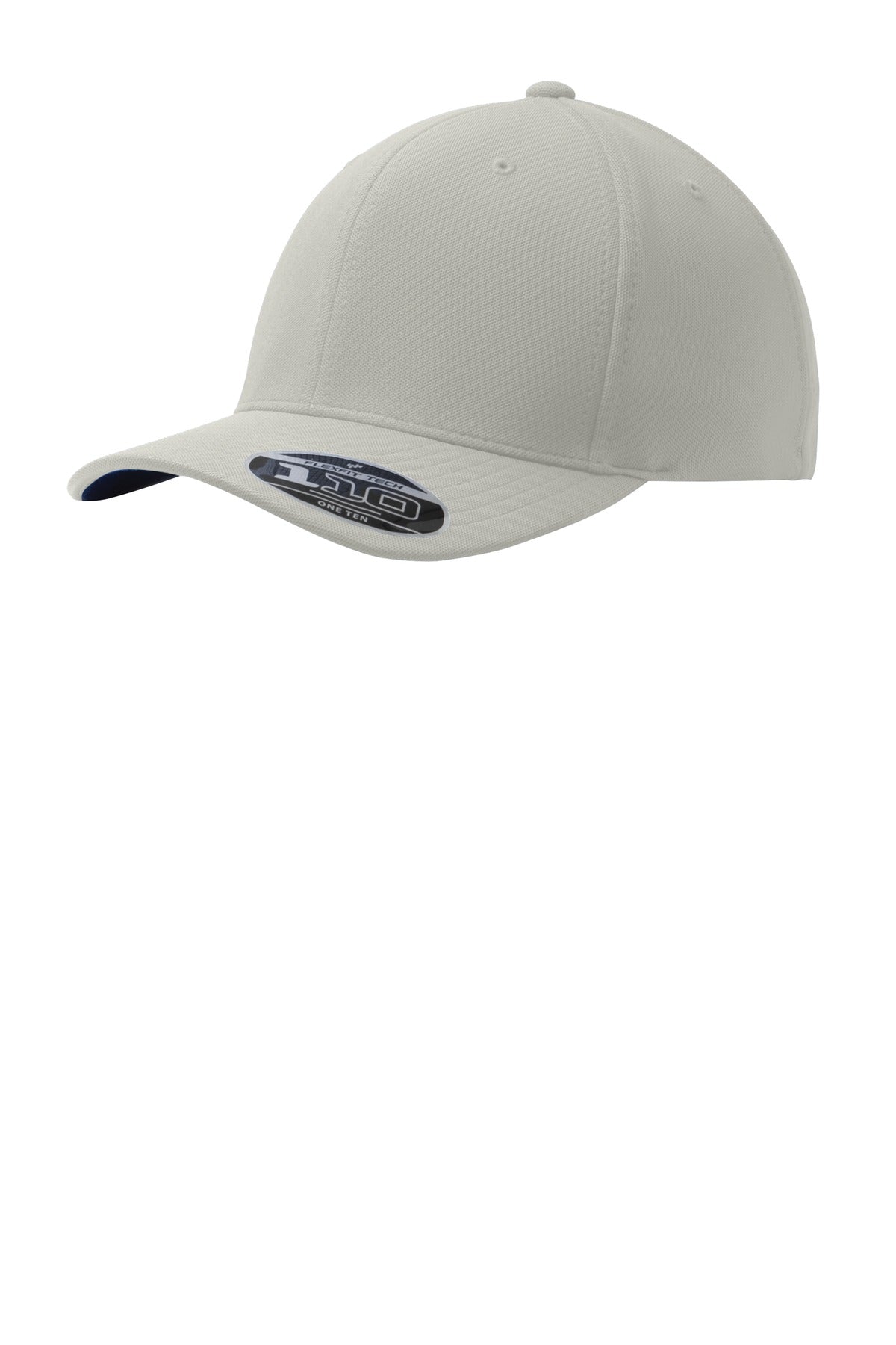 Port Authority Flexfit 110 Dry Mini Pique Cap in silver with front sticker, showcasing a comfortable, stylish men's baseball cap.