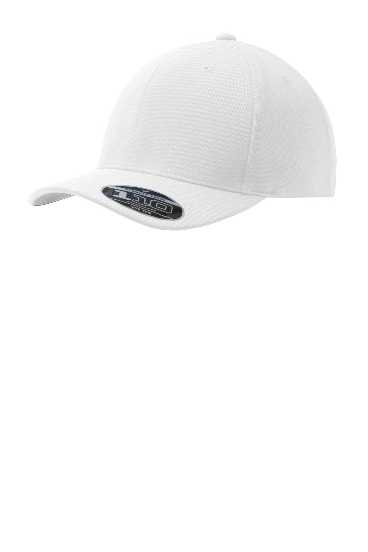 White Port Authority Flexfit 110 Dry Mini Pique Cap shown from front with sticker, showcasing the classic cap design and branding.