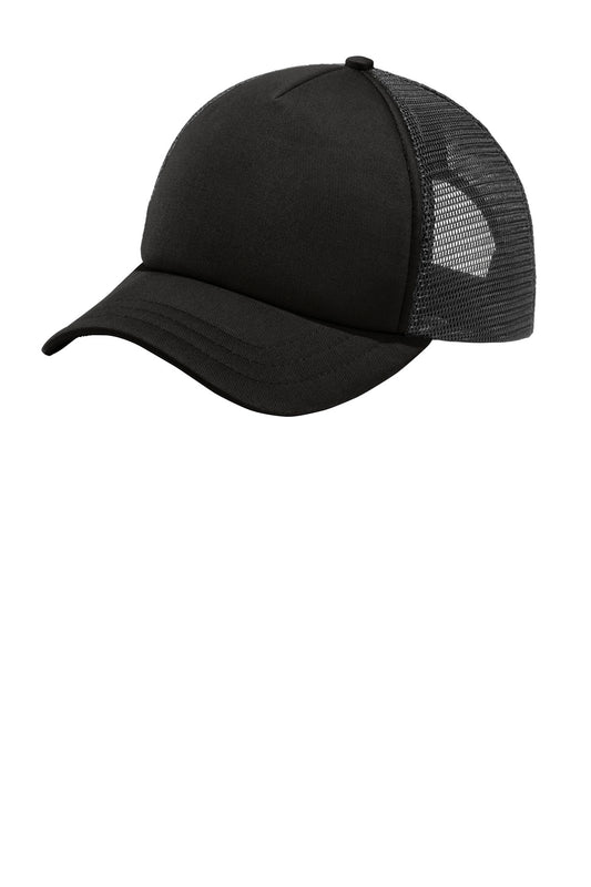 Black Port Authority 5-panel twill foam trucker cap with flat front and adjustable snapback closure.