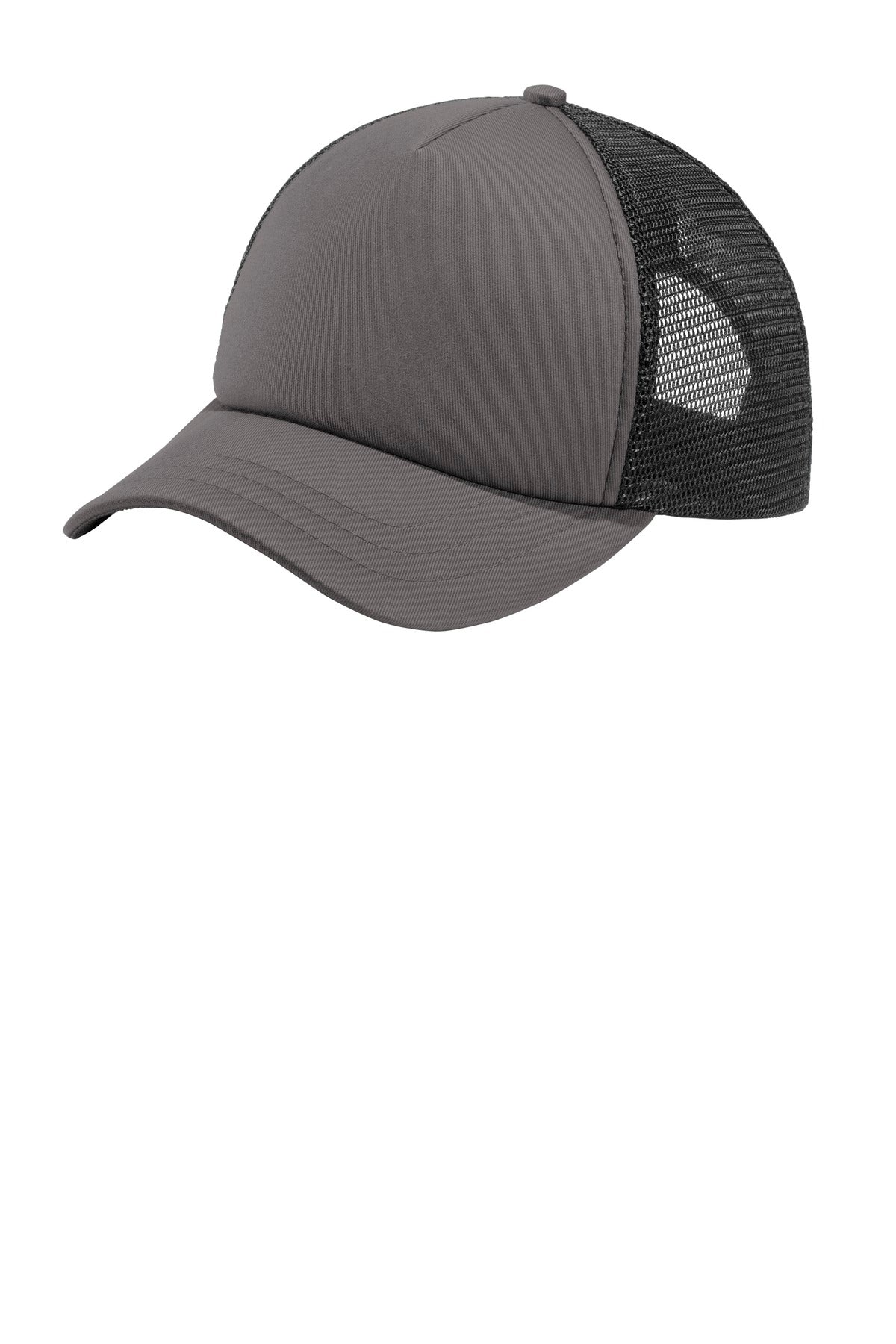 Charcoal black Port Authority 5-panel twill foam trucker cap with flat front and adjustable snapback closure.