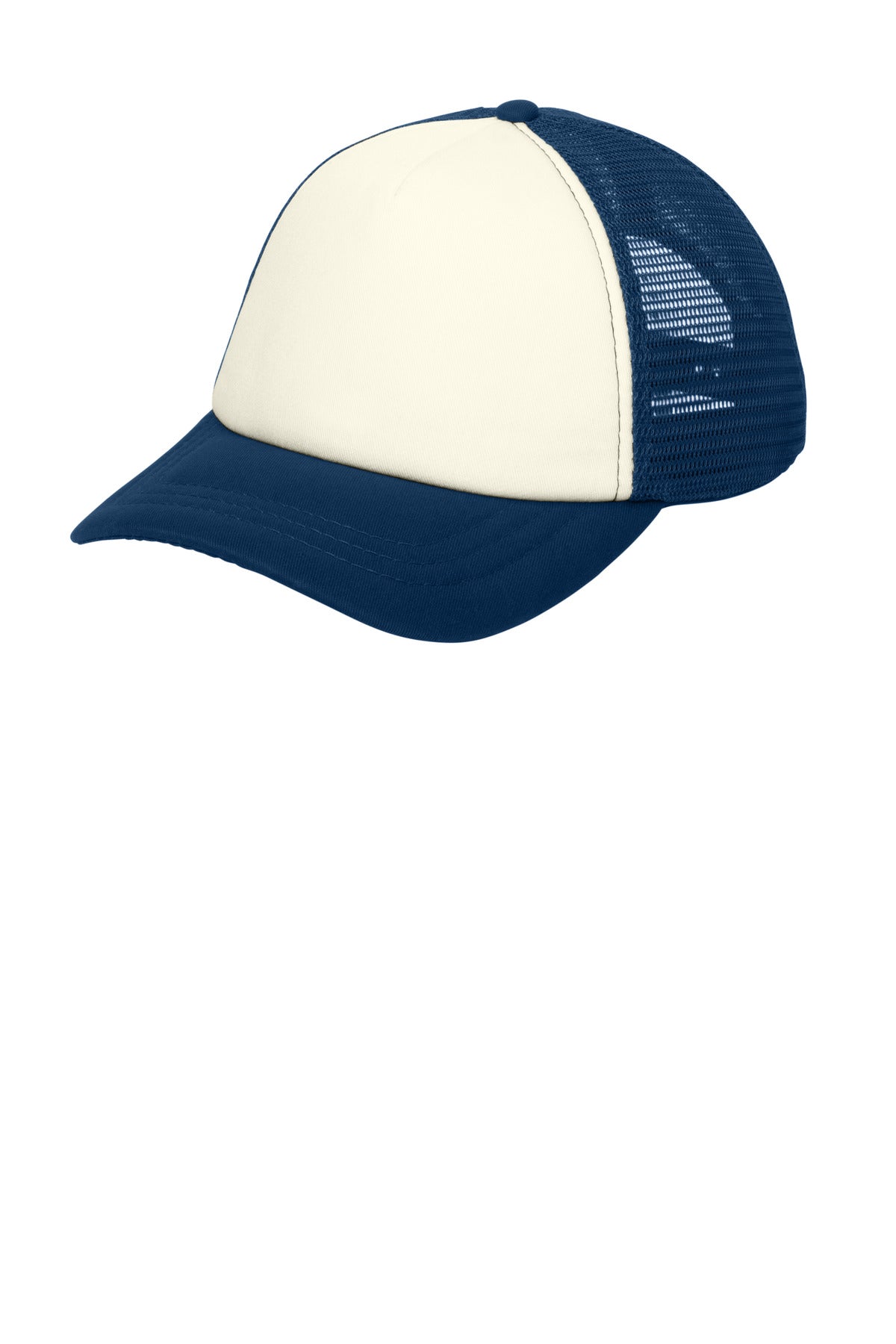 Port Authority 5-panel twill foam trucker cap in ivory and navy, shown from a flat left angle.