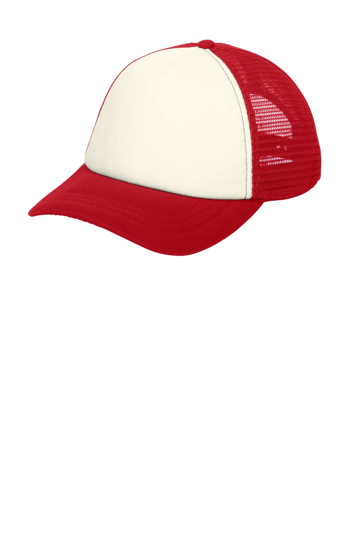 Port Authority 5-panel twill foam trucker cap in ivory and red, shown from a flat left angle.