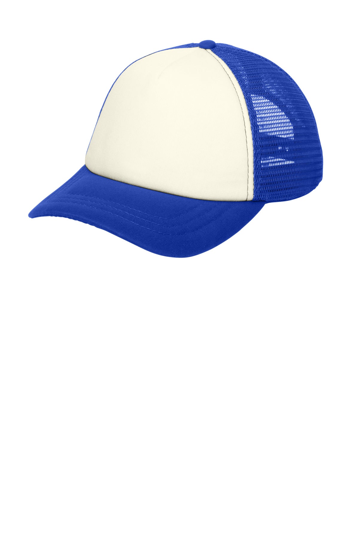 Port Authority 5-panel twill foam trucker cap in ivory and royal blue, viewed from the flat left side.