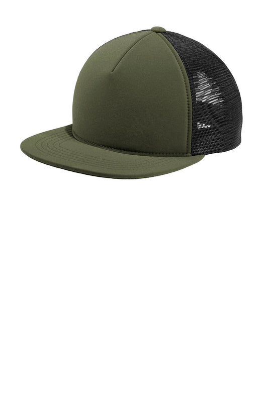Port Authority Flexfit 110 foam outdoor cap in army green and black, flat front view with adjustable fit.
