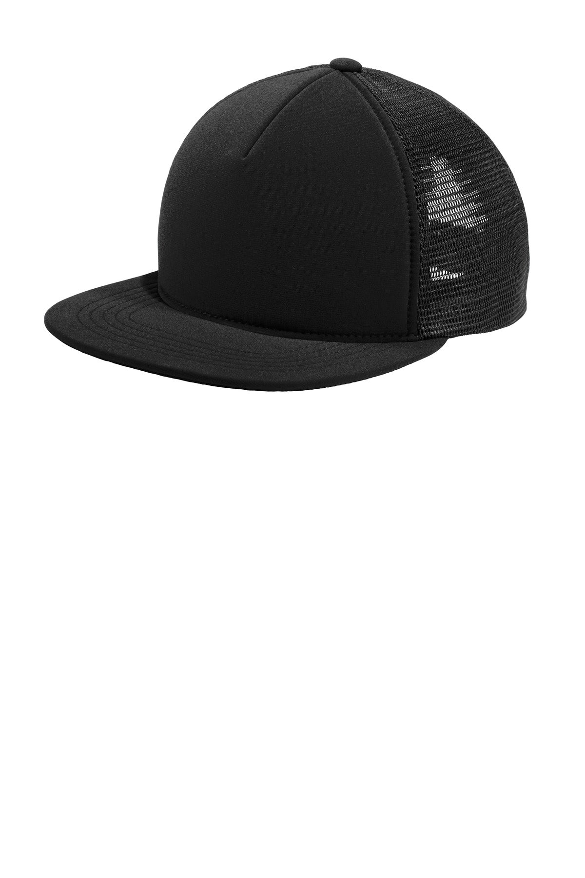 Black Port Authority Flexfit 110 foam outdoor cap with flat front, adjustable fit, and breathable material.