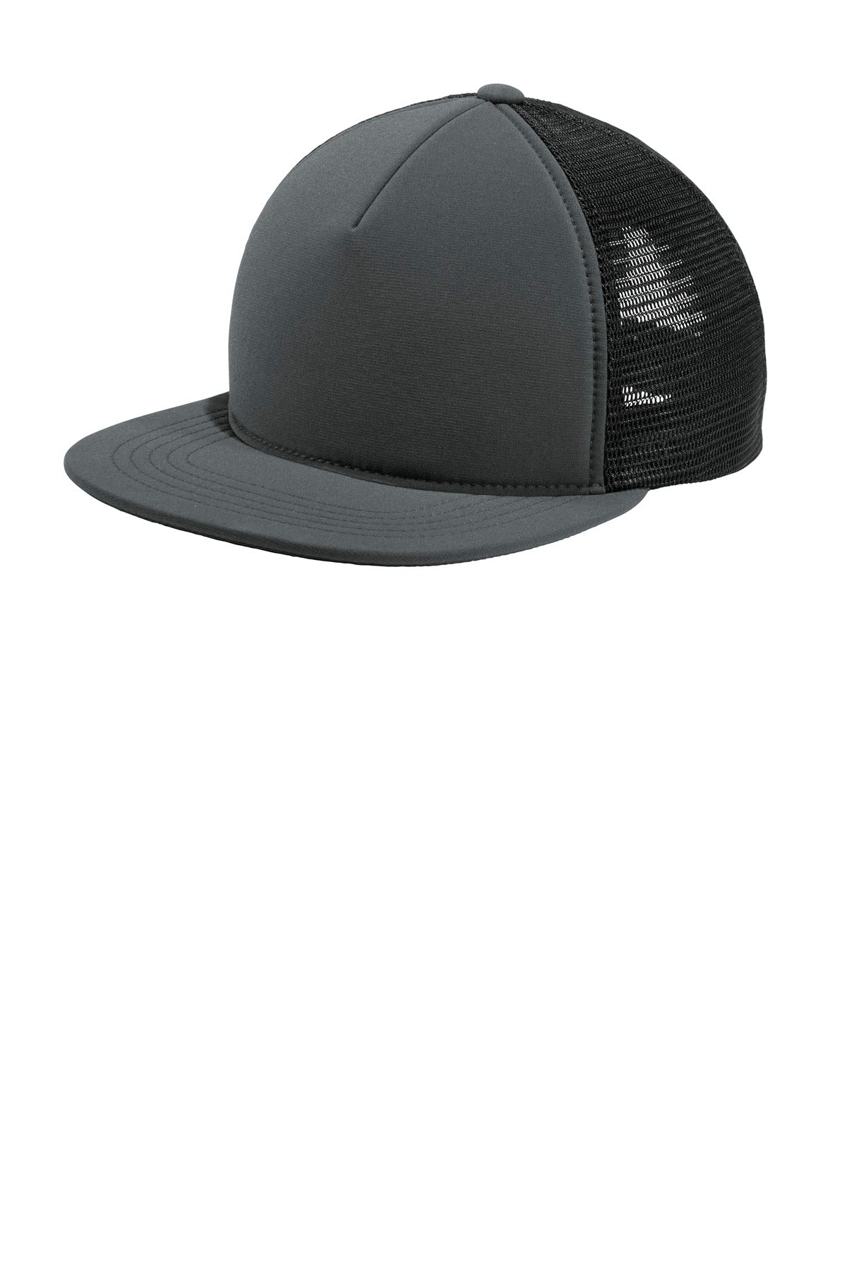 Port Authority Flexfit 110 foam outdoor cap in graphite black with a flat front, showcasing a comfortable, stylish fit.