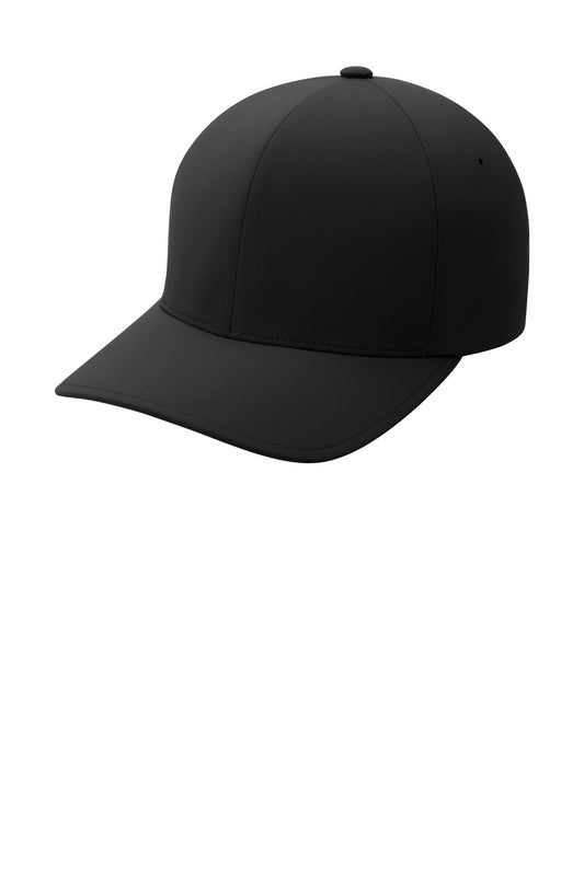Black Port Authority Flexfit Delta cap with structured fit and curved brim, shown from the left side.