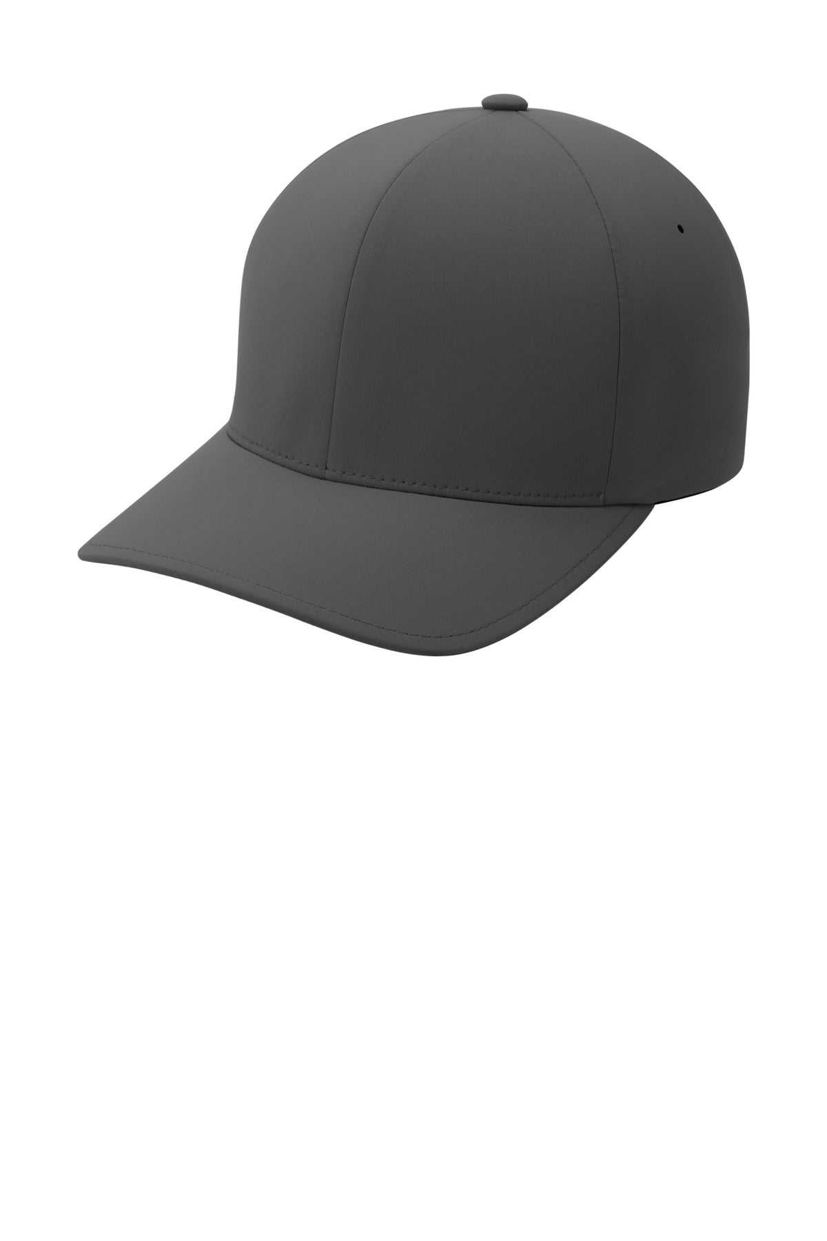 Dark grey Port Authority Flexfit Delta cap with curved brim and adjustable strap, shown from the left side.