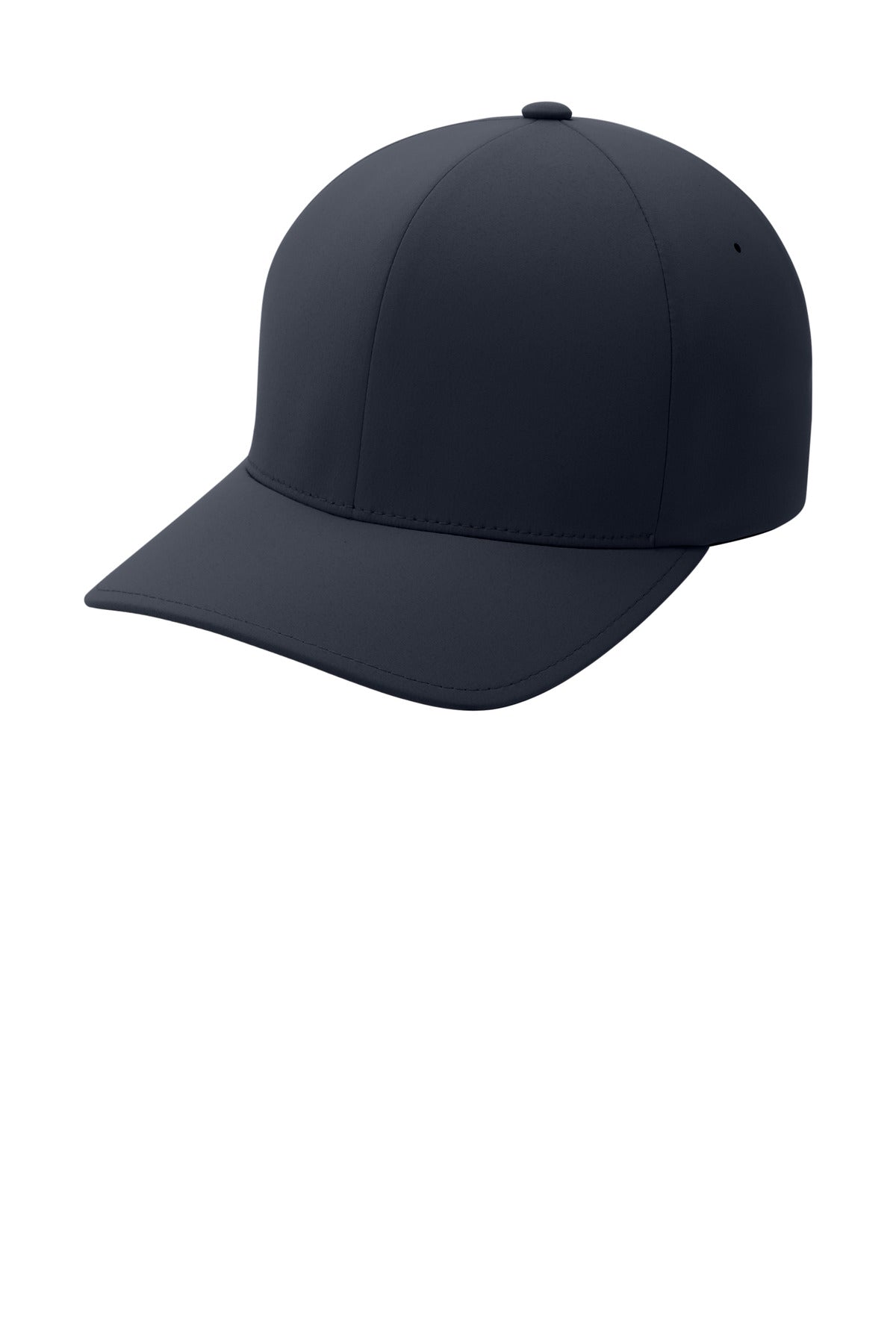 Navy Port Authority Flexfit Delta cap with curved brim and adjustable strap, shown from the left side.