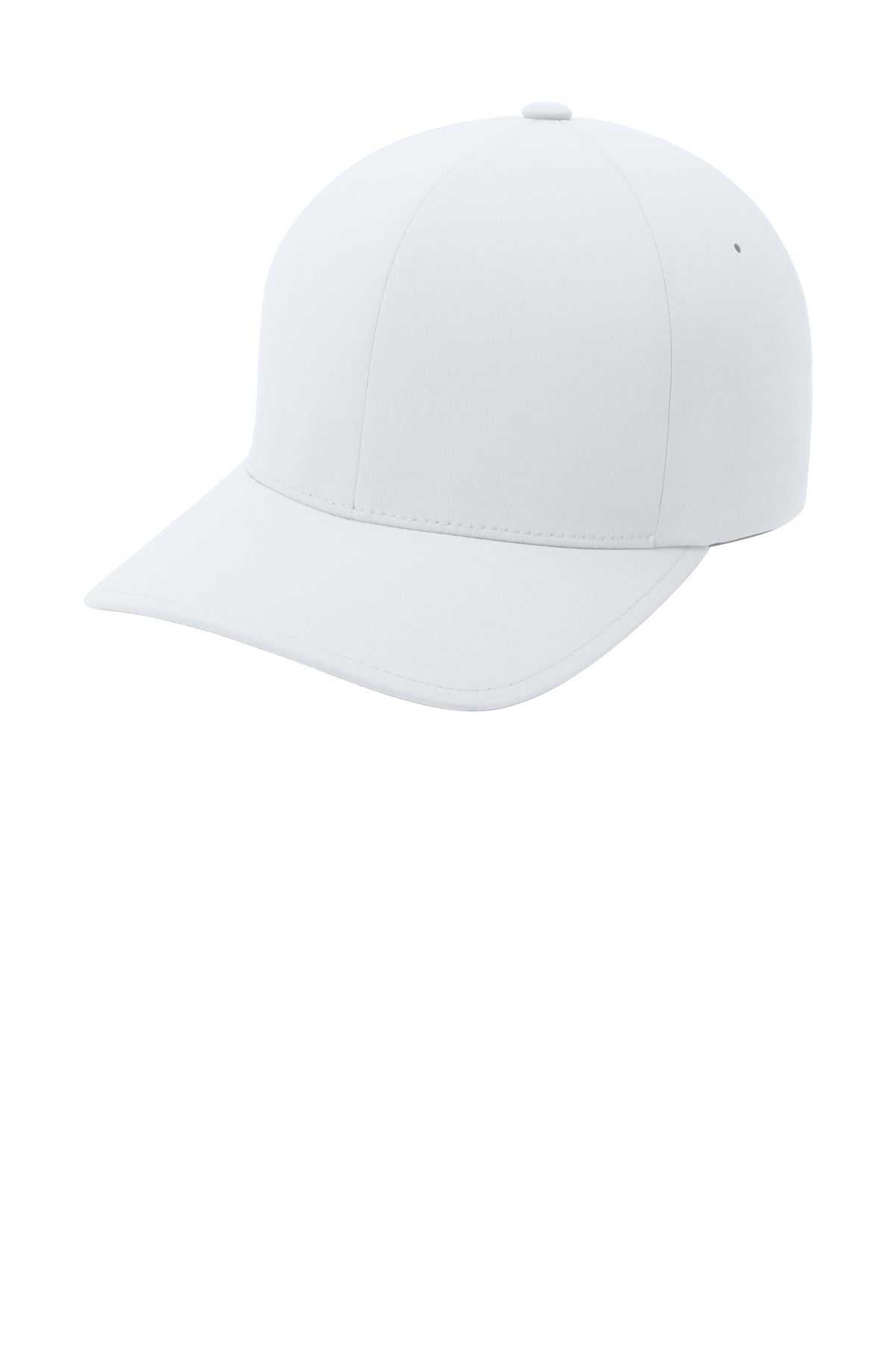 White Port Authority Flexfit Delta Cap showing front and left side view with curved brim and adjustable strap