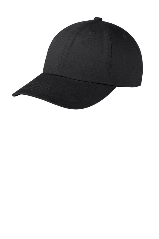 Black Port Authority Ripstop Cap with flat front, sturdy fabric and adjustable strap for a comfortable fit.