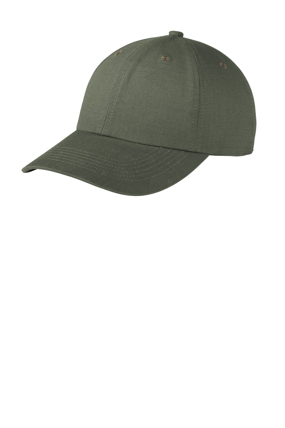Olive green Port Authority Ripstop Cap C940 with flat front, durable fabric, and adjustable strap for a casual outdoor look.