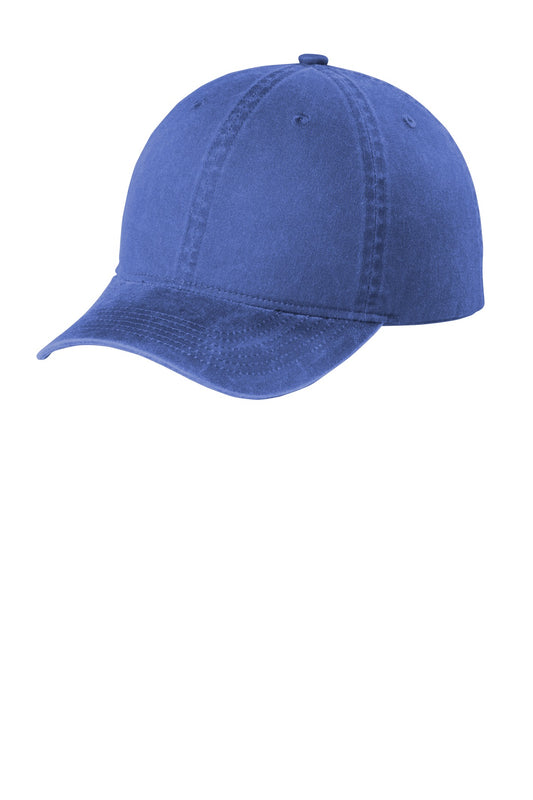 Blue Port Authority Beach Wash Cap with flat brim and adjustable strap, featuring a classic casual design.