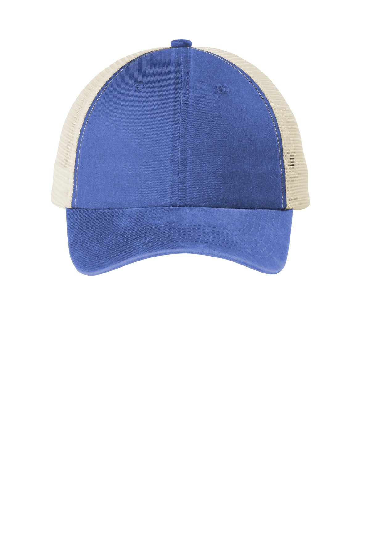 Blue Port Authority Beach Wash mesh back cap with adjustable strap and front logo detail, perfect for casual outdoor wear.