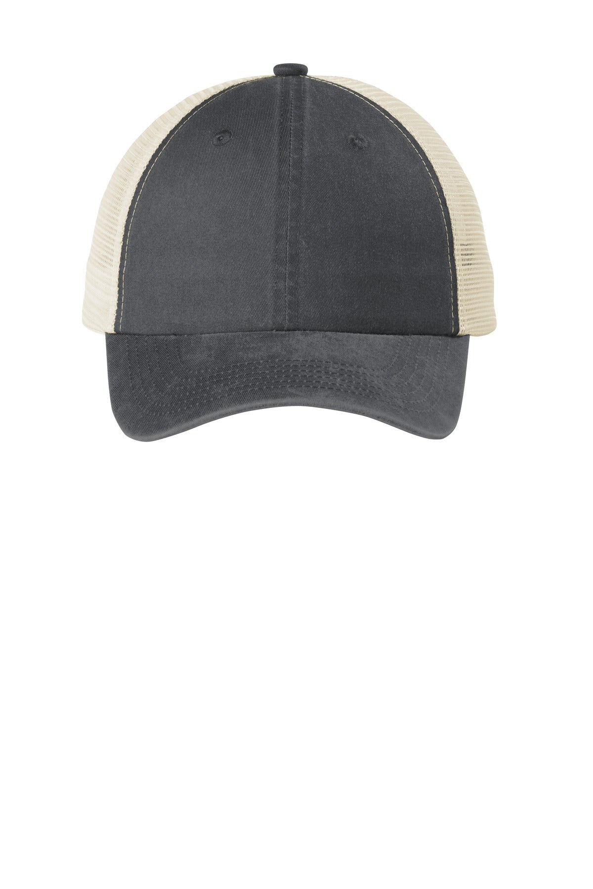 Port Authority Beach Wash mesh back cap in coal color with front logo and adjustable strap, casual summer headwear.