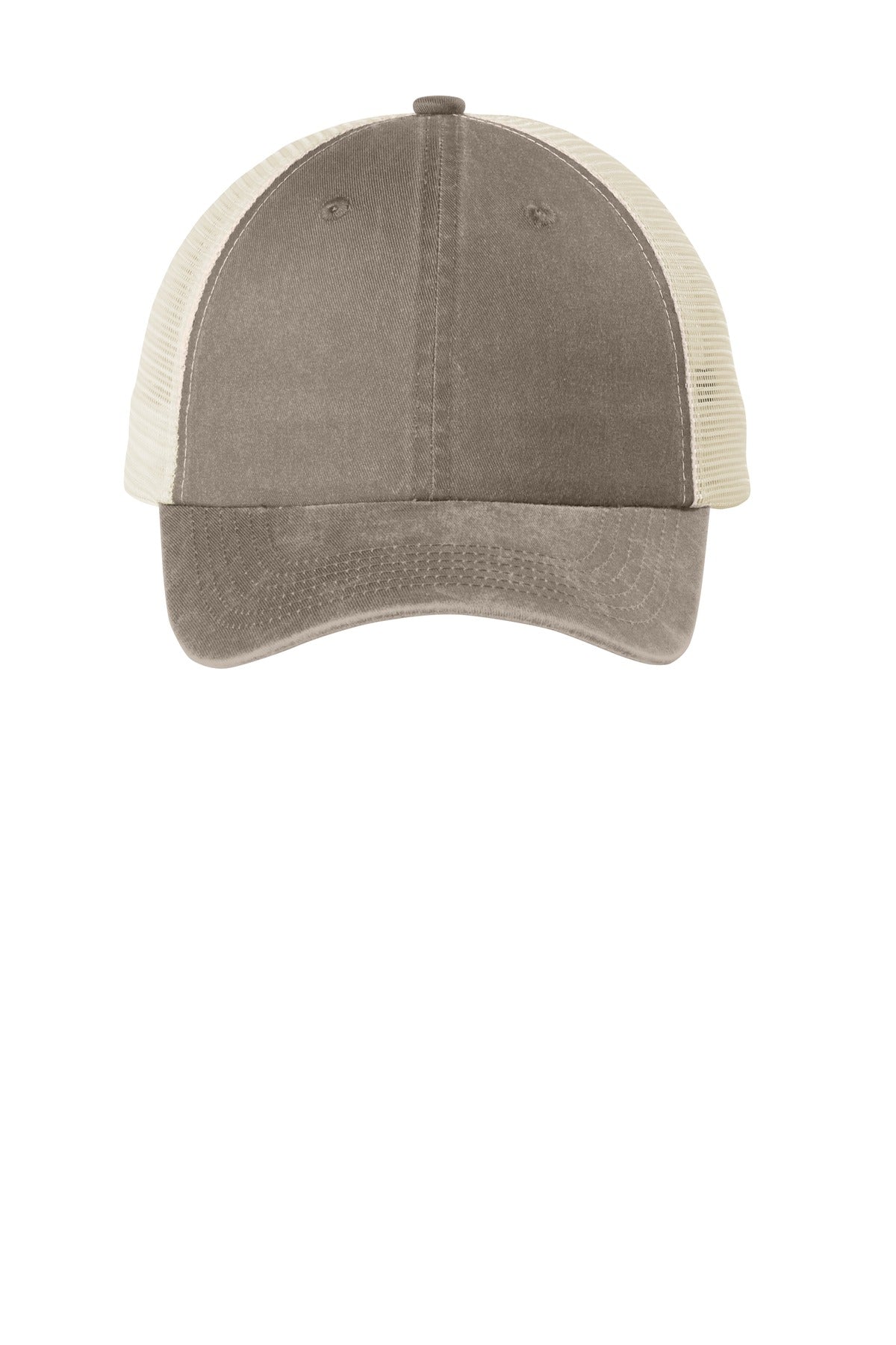 Port Authority Beach Wash mesh back cap in taupe with front logo, breathable mesh panels, and adjustable strap.