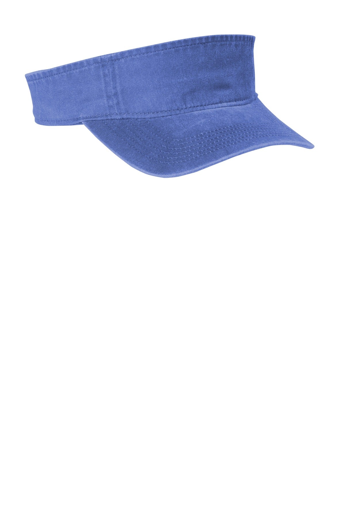 Blue Port Authority Beach Wash visor with curved brim and adjustable strap, designed for sun protection and casual style.