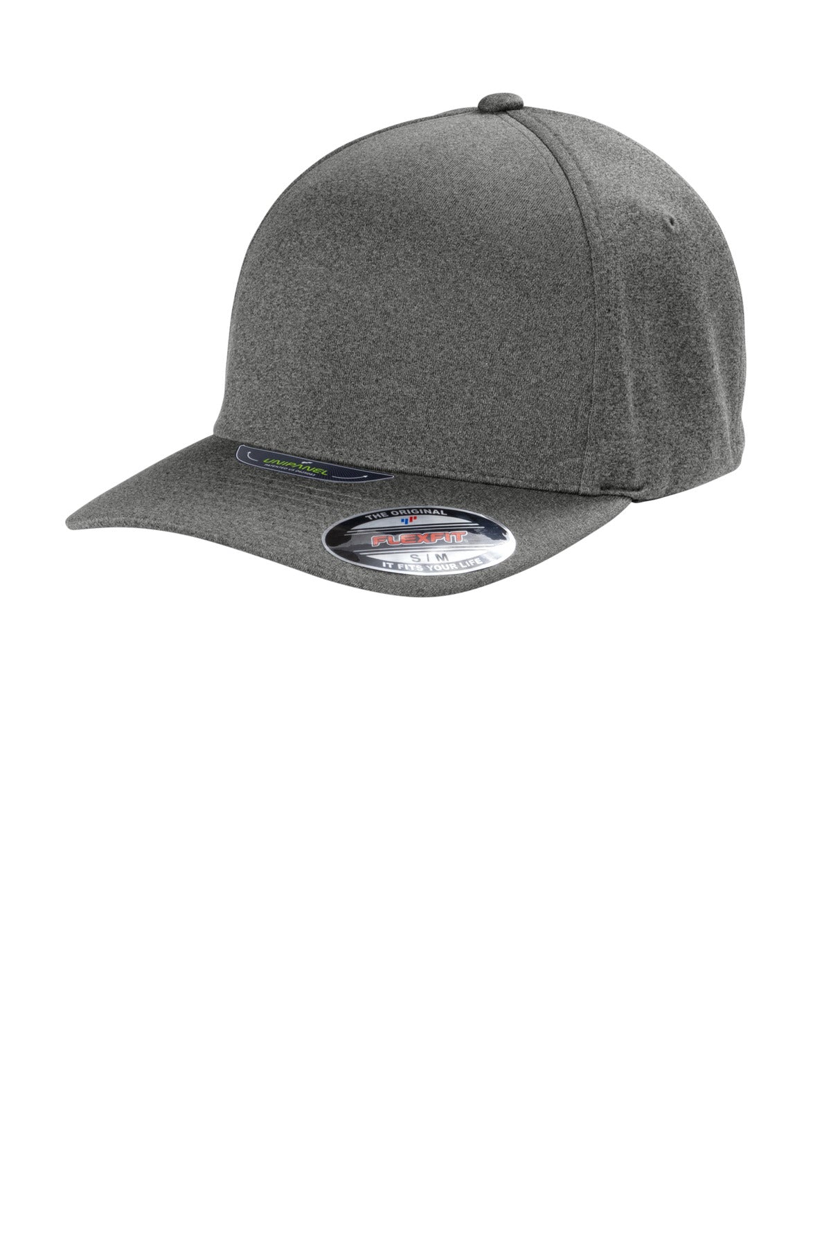 Dark grey Port Authority Flexfit Melange Unipanel Cap with flat front and structured design.