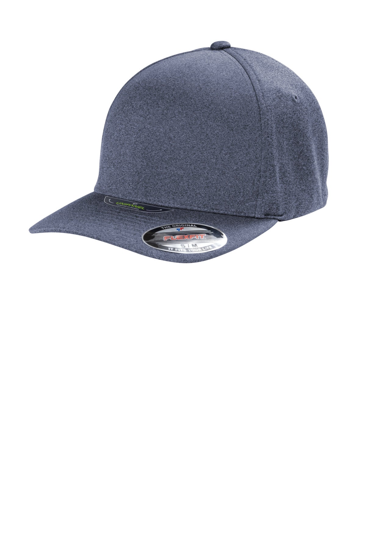 Navy Port Authority Flexfit Melange Unipanel cap with flat front view, showcasing the stylish, curved brim and fitted design.