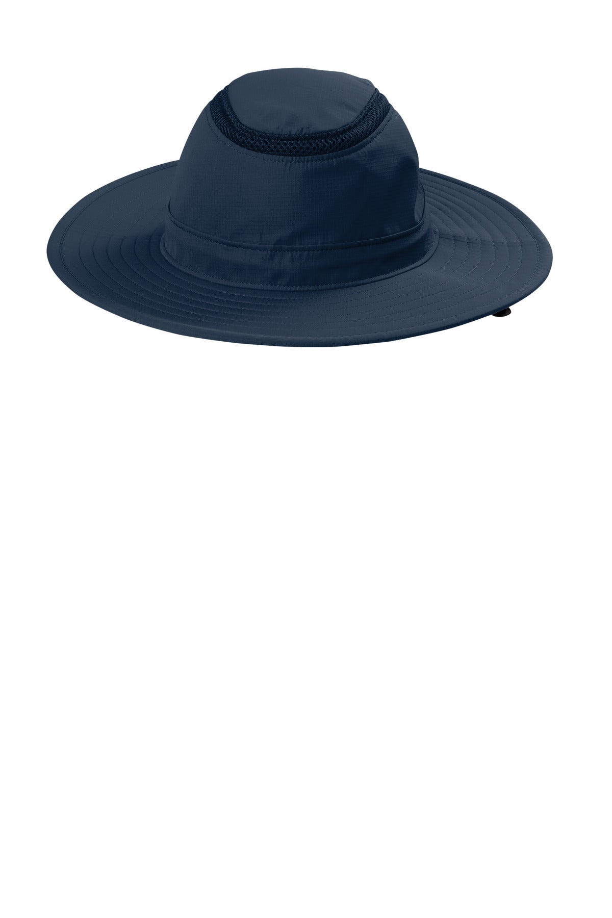 Port Authority outdoor ventilated wide brim hat in navy blue, shown flat with straight brim for sun protection.