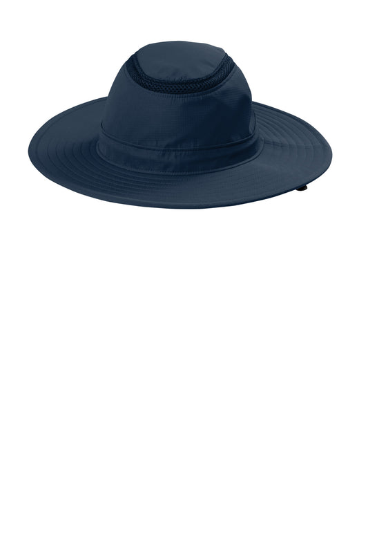 Port Authority outdoor ventilated wide brim hat in navy blue, shown flat with straight brim for sun protection.