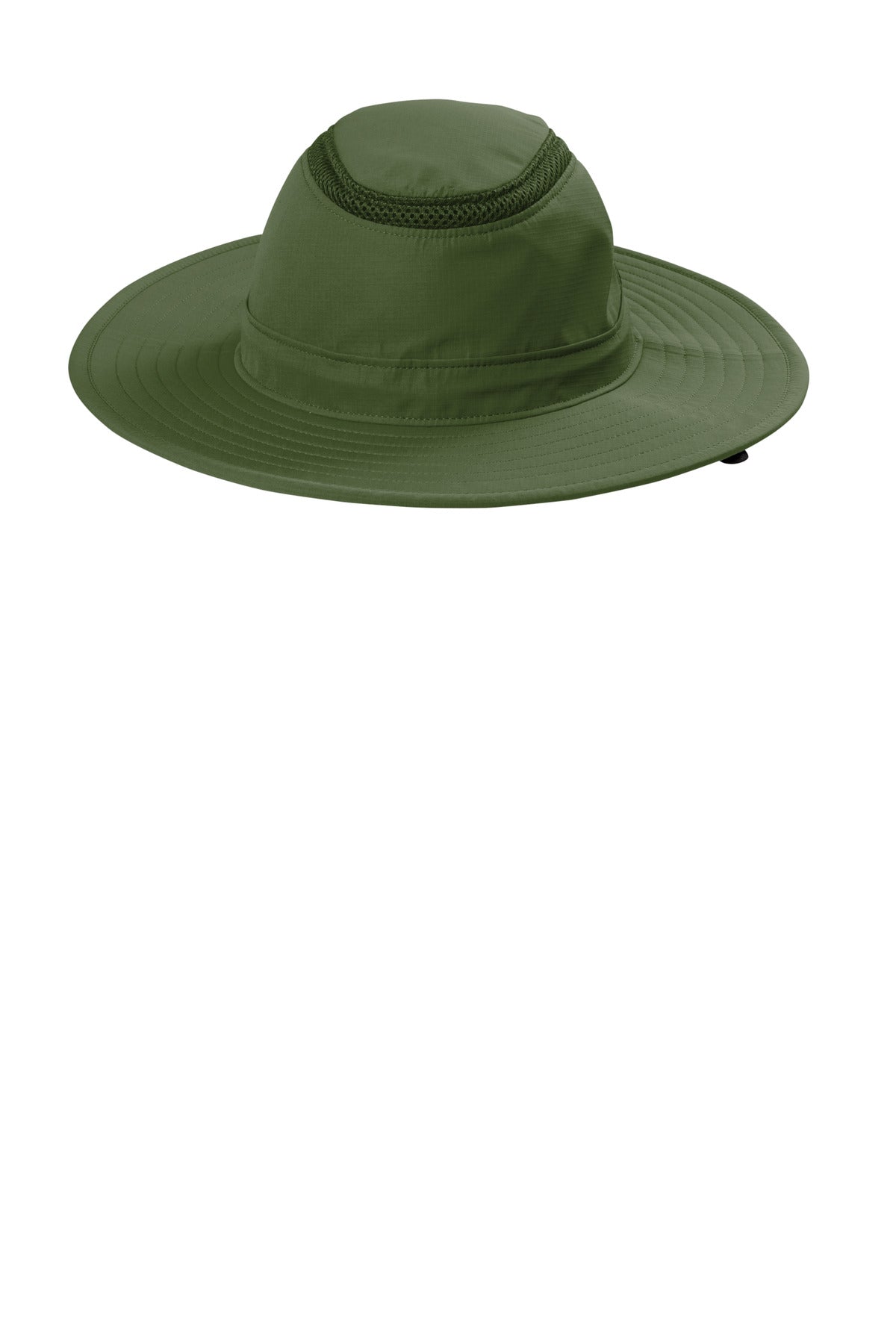 Olive green Port Authority outdoor ventilated wide brim hat with a flat brim, designed for sun protection and breathable comfort.