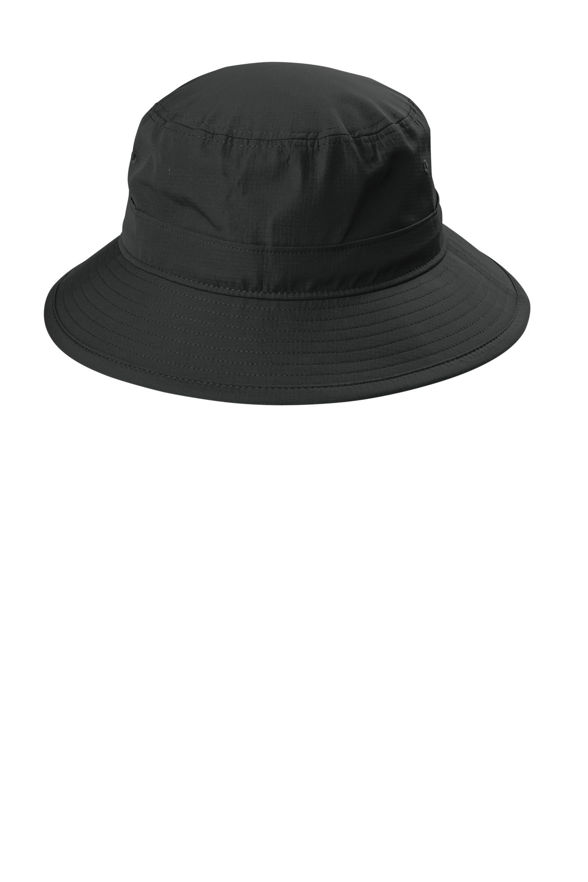 Black Port Authority outdoor UV bucket hat with flat front, designed for sun protection and casual outdoor wear.