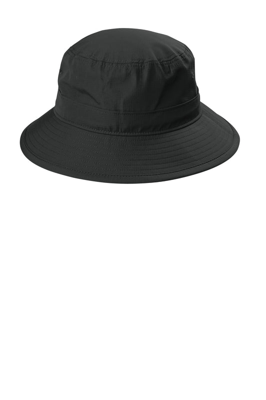 Black Port Authority outdoor UV bucket hat with flat front, designed for sun protection and casual outdoor wear.