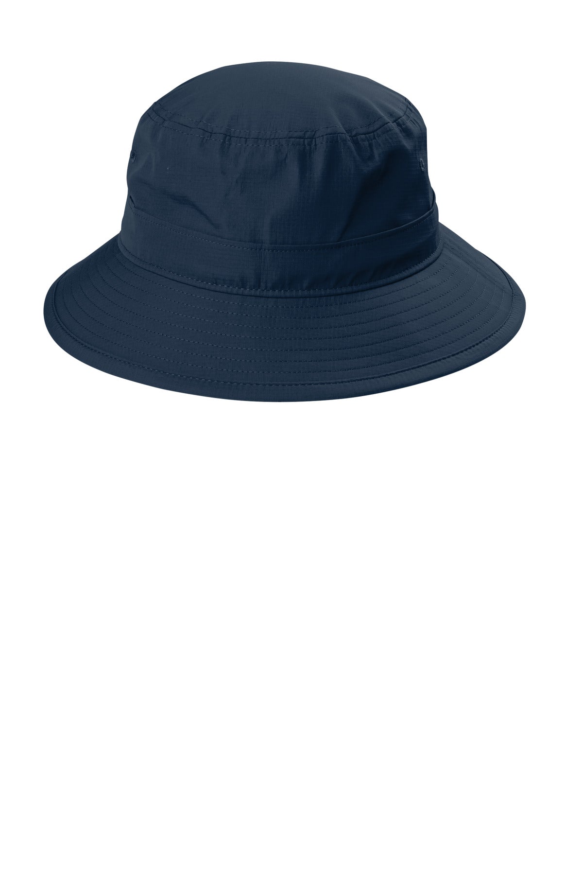 Port Authority outdoor UV bucket hat in navy blue with a flat front, designed for sun protection and casual outdoor wear.