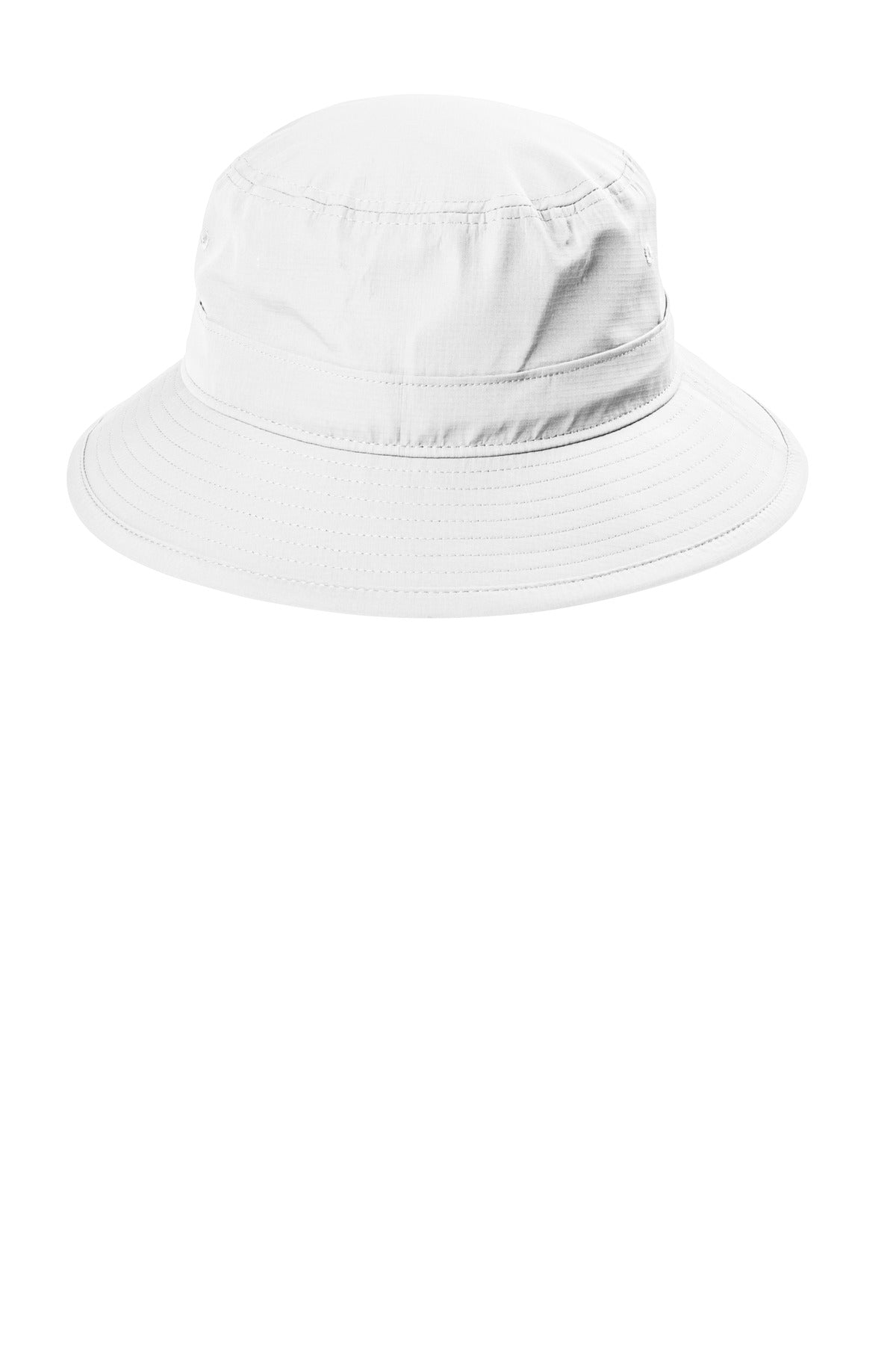 White Port Authority outdoor UV bucket hat with wide brim and adjustable chin strap, designed for sun protection.