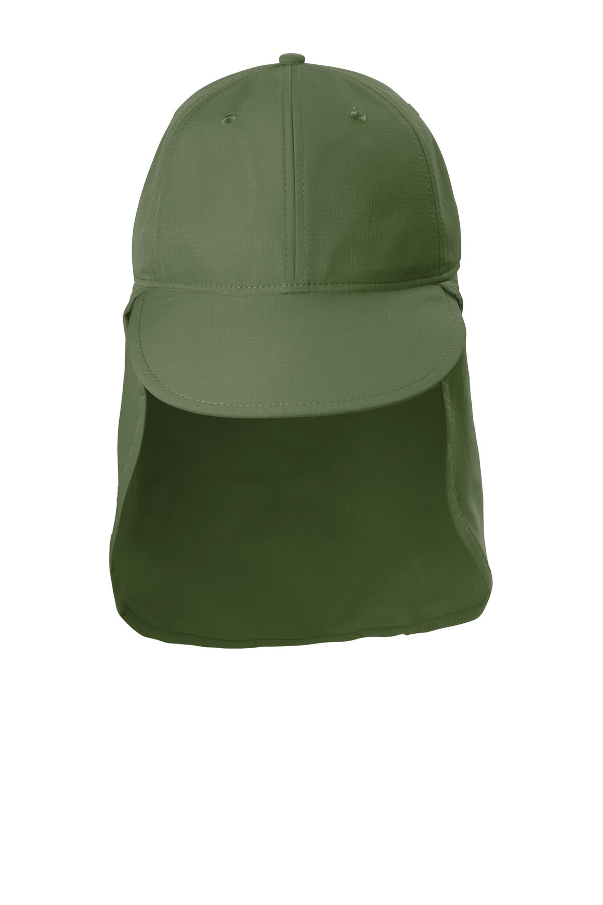 Olive green Port Authority outdoor UV sun shade cap with curved brim and adjustable strap, designed for sun protection.