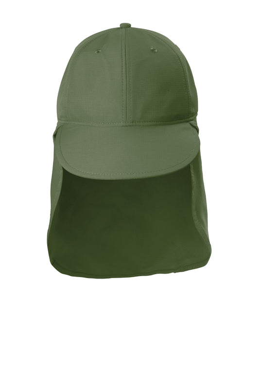 Olive green Port Authority outdoor UV sun shade cap with curved brim and adjustable strap, designed for sun protection.