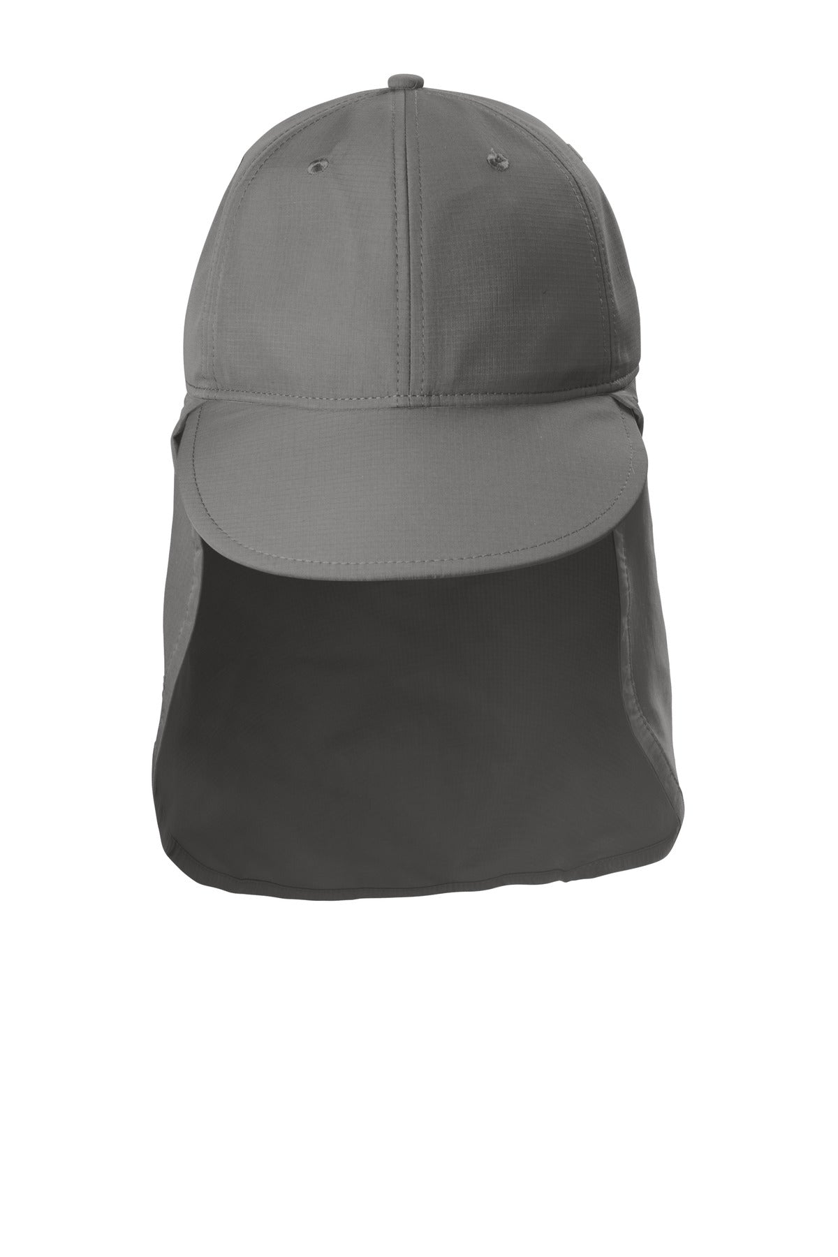 Port Authority outdoor UV sun shade cap in sterling grey, showing a flat view of the adjustable brim and breathable fabric.