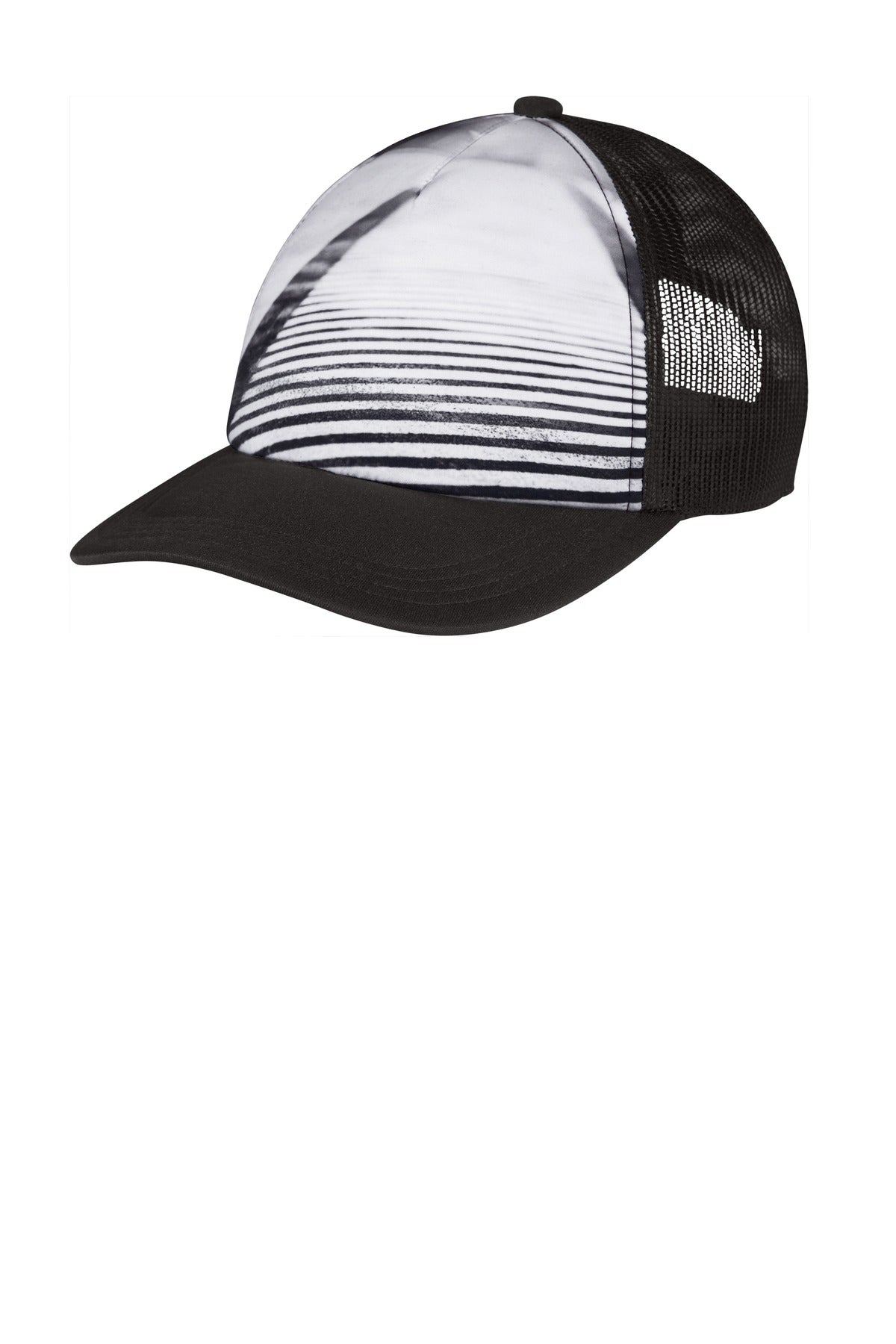 Port Authority Photo Real Snapback Trucker Cap with city street design, flat front view showing adjustable snapback closure.