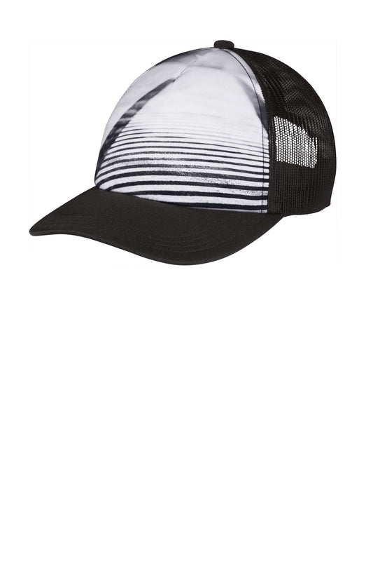 Port Authority Photo Real Snapback Trucker Cap with city street design, flat front view showing adjustable snapback closure.