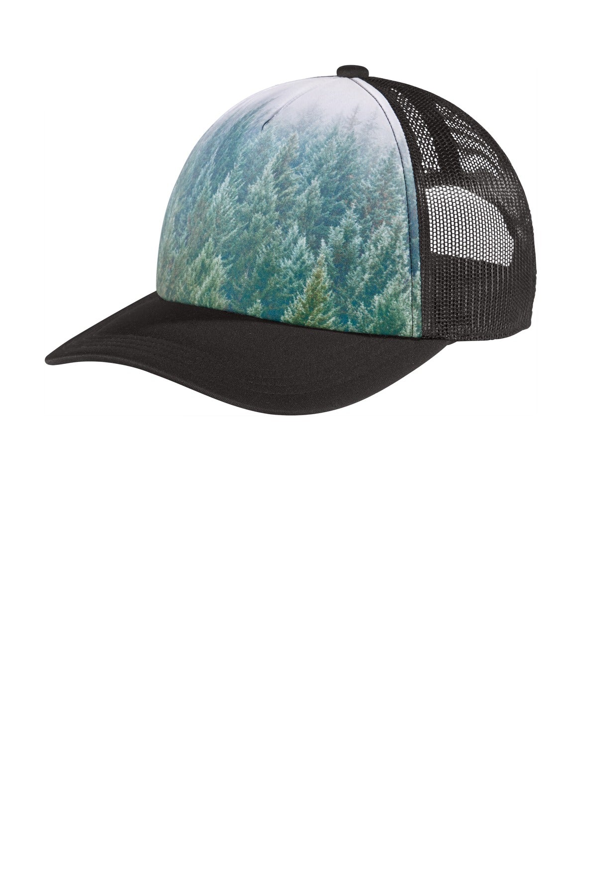 Port Authority Photo Real Snapback Trucker Cap in forest green with flat front design and adjustable snap closure.