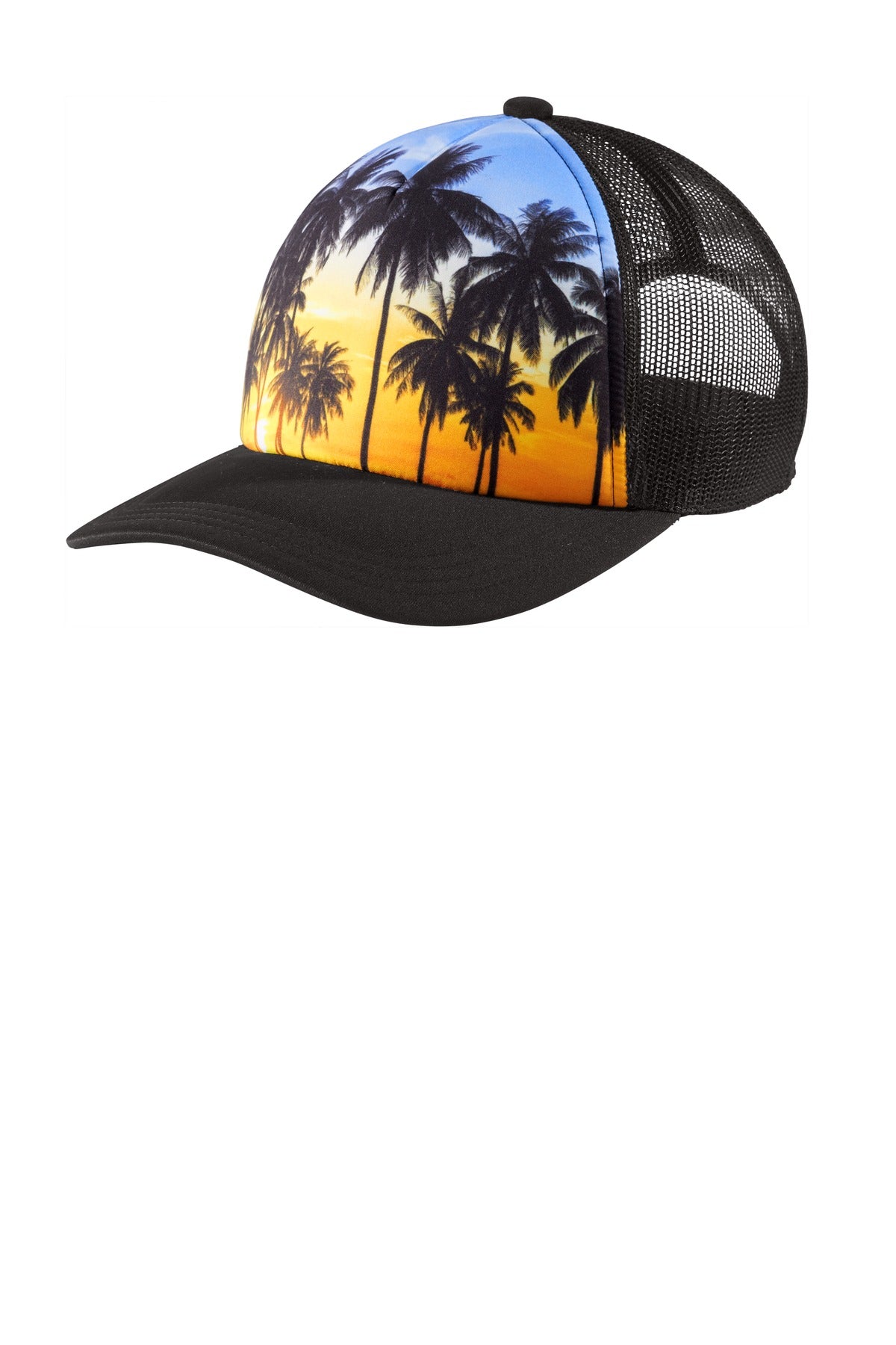 Port Authority Photo Real Snapback Trucker Cap with palm tree design, flat front view showing vibrant tropical print.