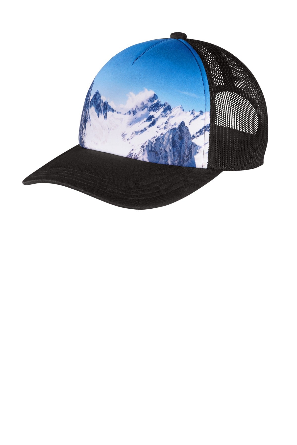 Port Authority Photo Real Snapback Trucker Cap C950 with flat front and adjustable snapback closure, featuring a snowcap design.